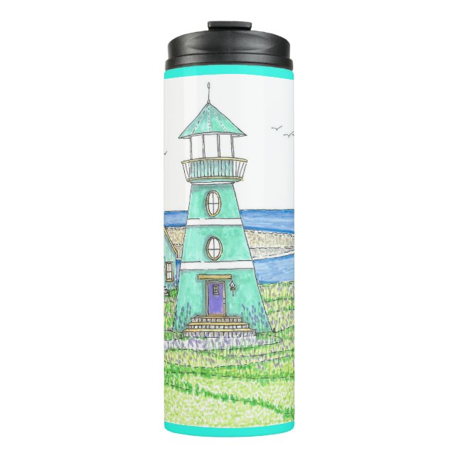Summer Lighthouse 3; Thermal Tumbler; Helles Aqua Thermosbecher (Vorderseite)