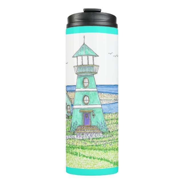 Summer Lighthouse 3; Thermal Tumbler; Helles Aqua Thermosbecher (Vorderseite)