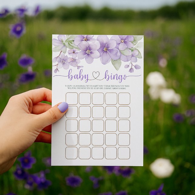Summer Lila Violet Blume Baby Dusche Bingo Spiel (Summer Purple Violet Flower Baby Shower Bingo Game)