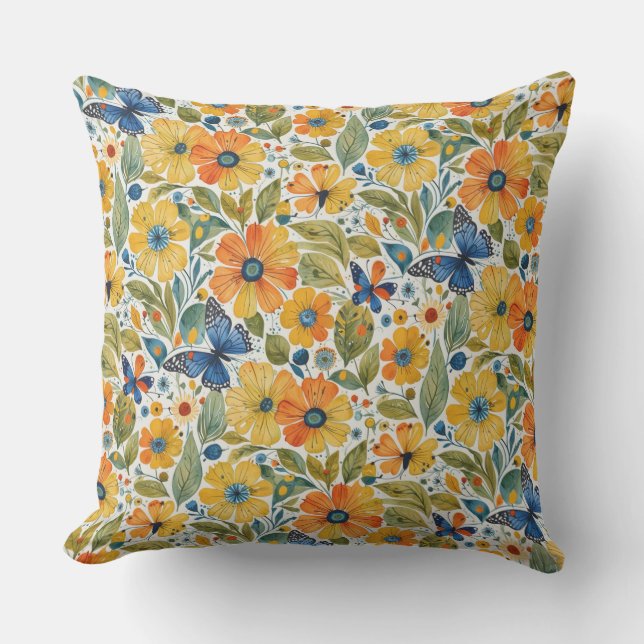 Summer Magic Gold und Blue Floral Kissen (Vorderseite)