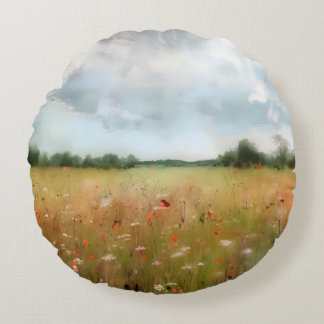 Summer Meadow Wildblume Landschaft Art Rundes Kissen