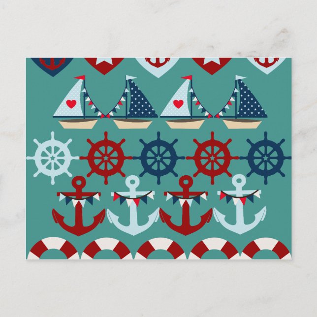 Summer Nautic Theme Anchors Segelboote Helms Postkarte (Vorderseite)