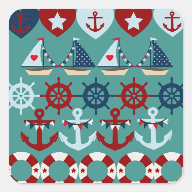 Summer Nautic Theme Anchors Segelboote Helms Quadratischer Aufkleber (Vorderseite)