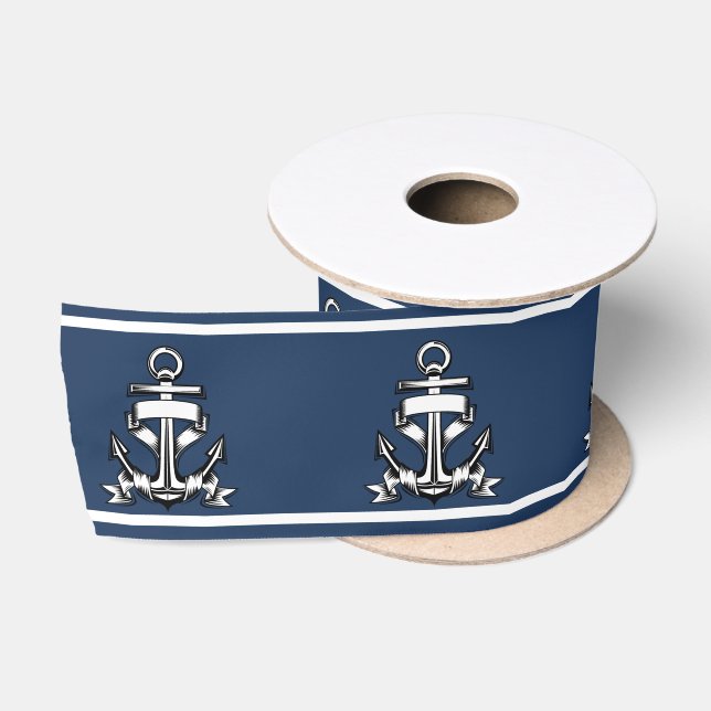 Summer Nautical Ocean Beach Navy Blue Ship Anchor Satinband (Spule)