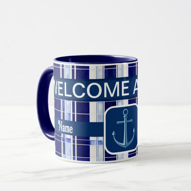 Summer Navy Blue Boat Moderne Stripes Collection Tasse (Vorderseite Links)
