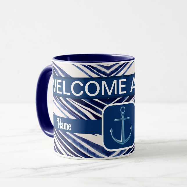 Summer Navy Blue Boat Populäre Stripes Collection Tasse (Vorderseite Links)
