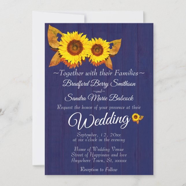 Summer Navy Blue Wood Sunflower s Rustic Wedding Einladung (Vorderseite)