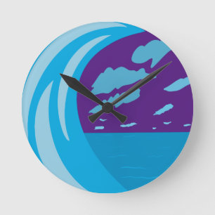 Summer Ocean Blue Wave lila Himmel Runde Wanduhr