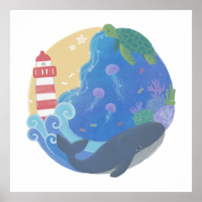 Summer Ocean Whale Turtle & Lighthouse Poster (Vorne)