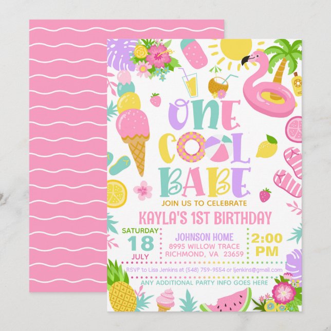 Summer One Cool Babe Birthday Party Invitation Einladung (Vorne/Hinten)