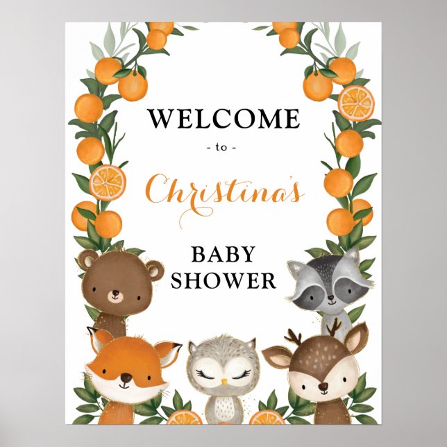 Summer Orange Citrus Woodland Baby Dusche Willkomm Poster (Vorne)