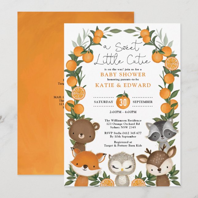 Summer Orange Woodland Animals Neutral Baby Dusche Einladung (Vorne/Hinten)