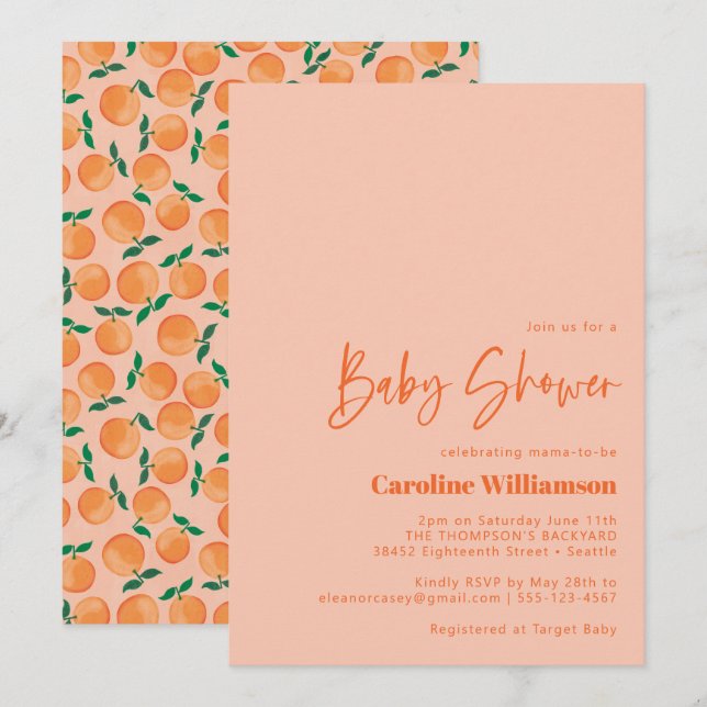 Summer Orangen Frucht Wasserfarbe Rosa Baby Dusche Einladung (Vorne/Hinten)