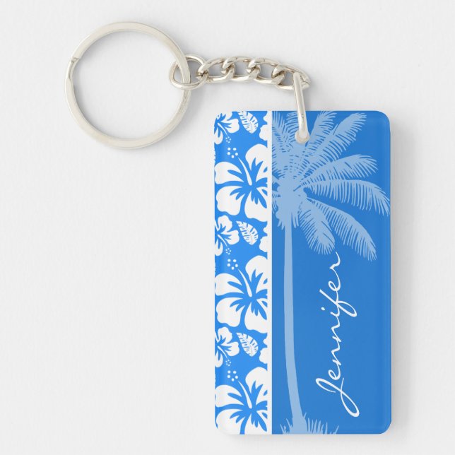 Summer Palm; Azure Blue Tropical Hibiskus Schlüsselanhänger (Vorderseite)