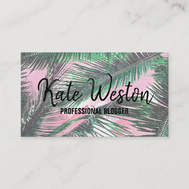 Summer Palm Blätter Pink Wasserfarbe Pinselstriche Visitenkarte (Vorderseite)