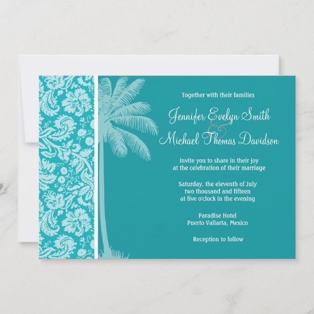 Summer Palm Blue Green Damask Muster Einladung (Vorderseite)