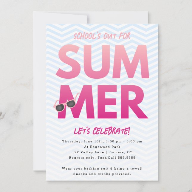 Summer Party, School's Out Pink Ombre Einladung (Vorderseite)
