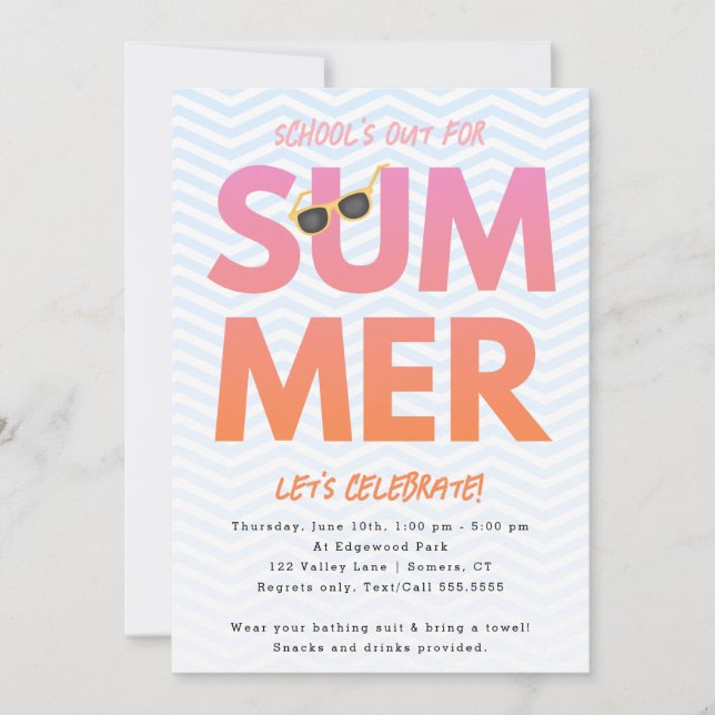 Summer Party, School's Out Pink Orange Ombre Einladung (Vorderseite)