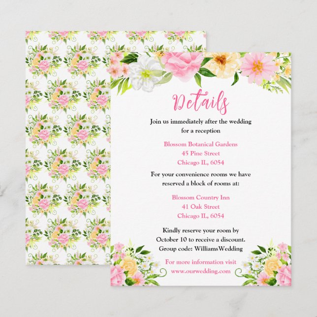 Summer Pink and Yellow Floral Wedding Details Begleitkarte (Vorne/Hinten)
