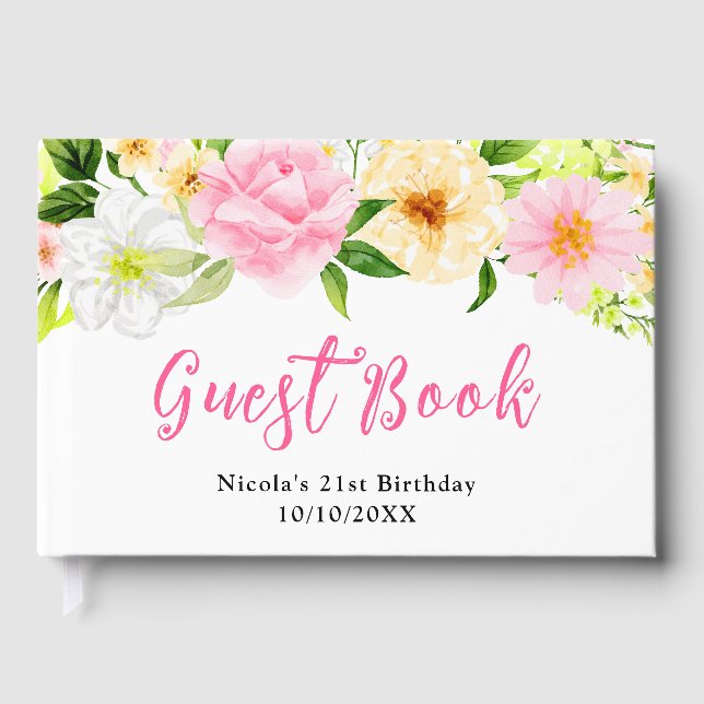Summer Pink and Yellow Flowers Birthday  Gästebuch (Vorderseite)