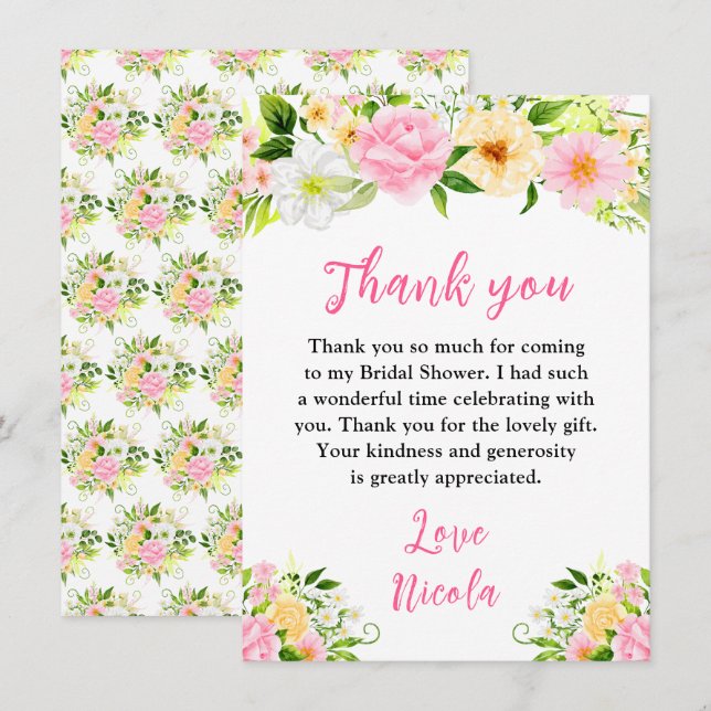 Summer Pink and Yellow Flowers Bridal Shower Dankeskarte (Vorne/Hinten)