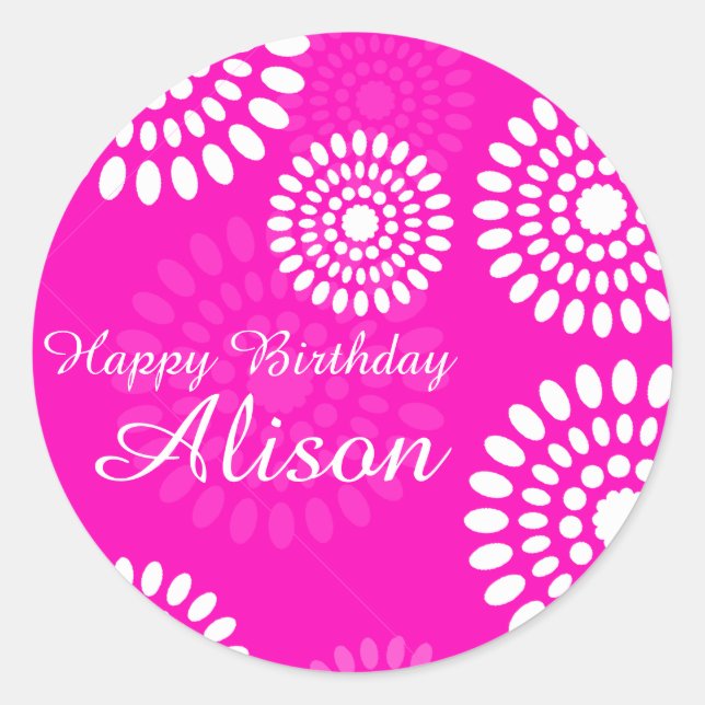 Summer Pink Blume Happy Birthday Name Aufkleber (Vorderseite)