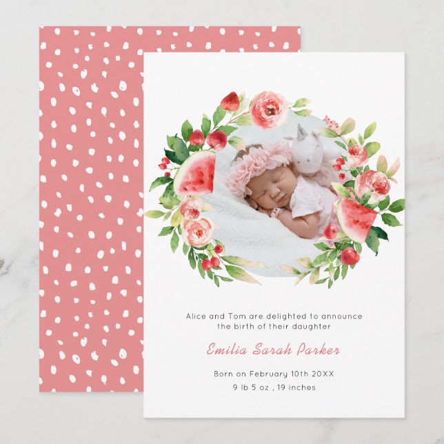Summer Pink Floral Fruchtkreide Foto Baby Birth Ankündigung (Vorne/Hinten)