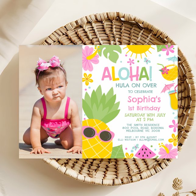Summer Pink Foto Ananas Aloha 1. Geburtstag Einladung (Aloha Birthday Invitation Template For Girl, Pineapple Birthday Invitation, Hawaiian Theme Party)