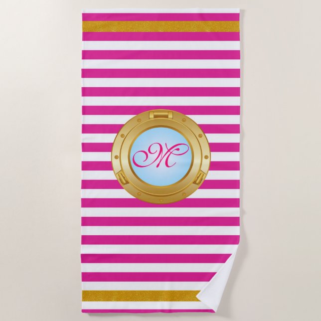 Summer Pink Gold Streifen Mit Monogramm Strandtuch (Vorderseite)