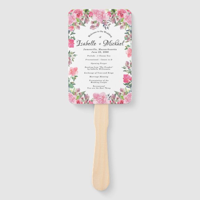 Summer Pink Rose Floral Wedding Programm Hand Fan Fächer (Vorderseite)