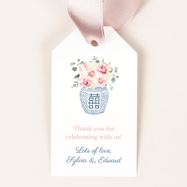 Summer Pink Roses Girl Baby Dusche Danke Geschenkanhänger (Pretty pastel pink roses bouquet in ginger jar vase wedding or baby shower favor tags)