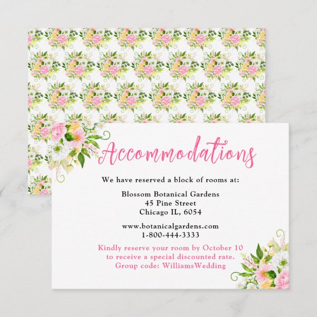 Summer Pink Yellow Floral Wedding Accommodations Begleitkarte (Vorne/Hinten)