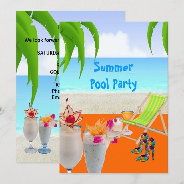 Summer Pool Beach Party Cocktails Tropischer Stran Einladung (Vorne/Hinten)