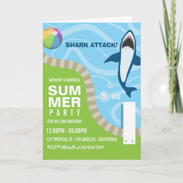 Summer Pool Birthday Party zum Thema Haifisch Einladung (Vorderseite)