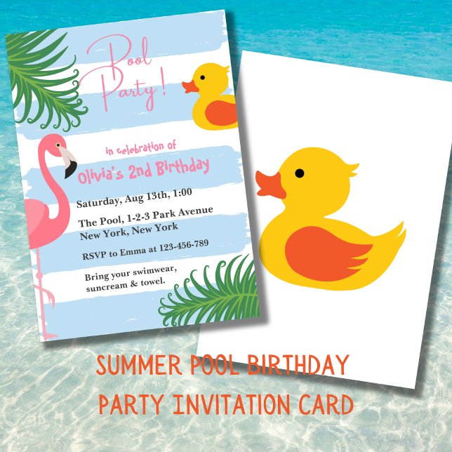 Summer Pool Flamingo Rubber Duck Geburtstagsparty Einladung (Summer Pool Party Birthday Invitation Card. Splash !)