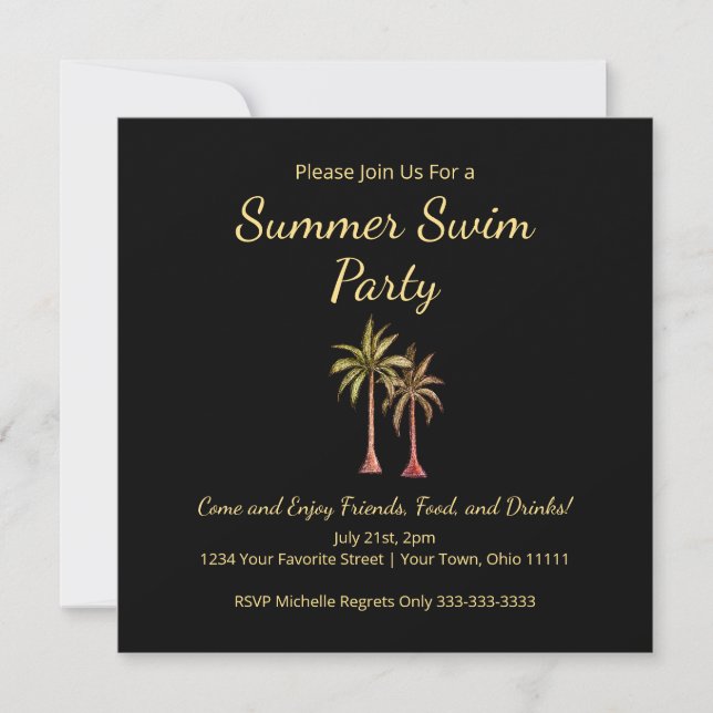 Summer Pool Party Beach Tropical Palm Trees Black Einladung (Vorderseite)