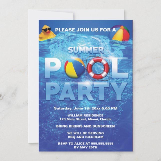 Summer Pool Party Blaue Einladung (Vorderseite)