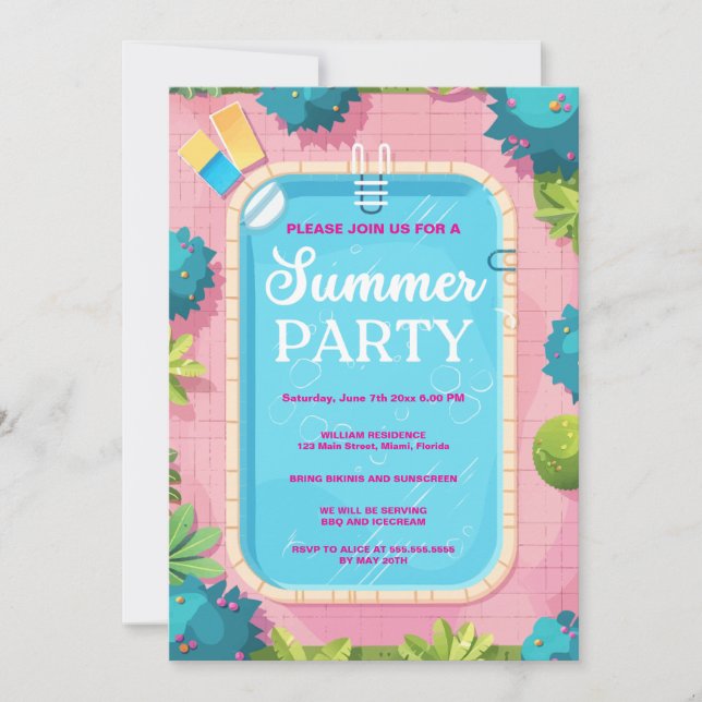 Summer Pool Party Blue Pink Einladung (Vorderseite)