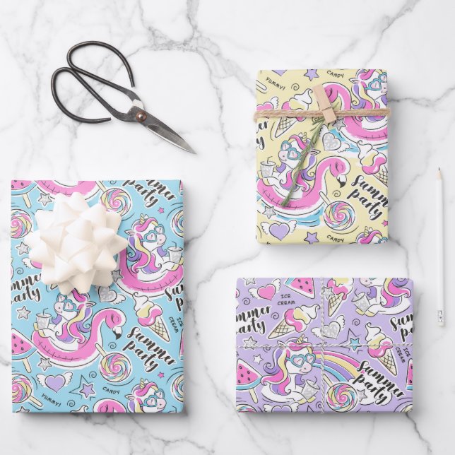 Summer Pool Party Einhorn Geschenkpapier Set (Vorderseite)