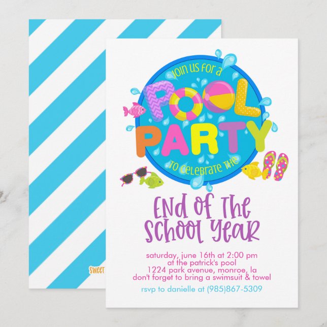 Summer Pool Party, Ende des Schuljahres Party Einladung (Vorne/Hinten)