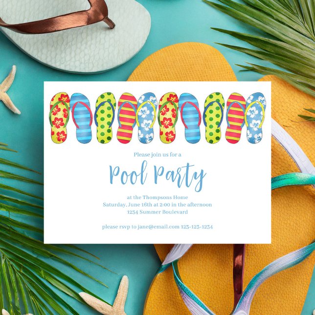 Summer Pool Party Spaß farbenfroh Custom Einladung (Summer pool party whimsical flip flops invitation.)
