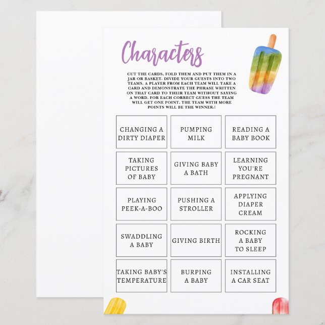 Summer Popsicle Baby Shower Game Charaktere (Vorne/Hinten)