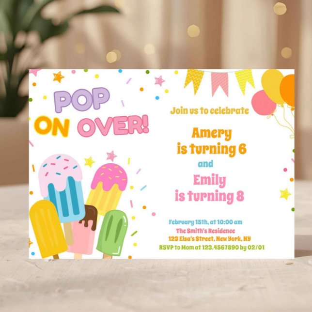 Summer Popsicle Kids Joint Birthday  Einladung (popsicle birthday invite, pop on over invitation, ice cream party invite, summer birthday invite, ki)