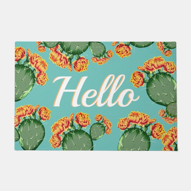 Summer Prickly Pear Cactus & Blume Hallo Doormat Fußmatte (Vorderseite)