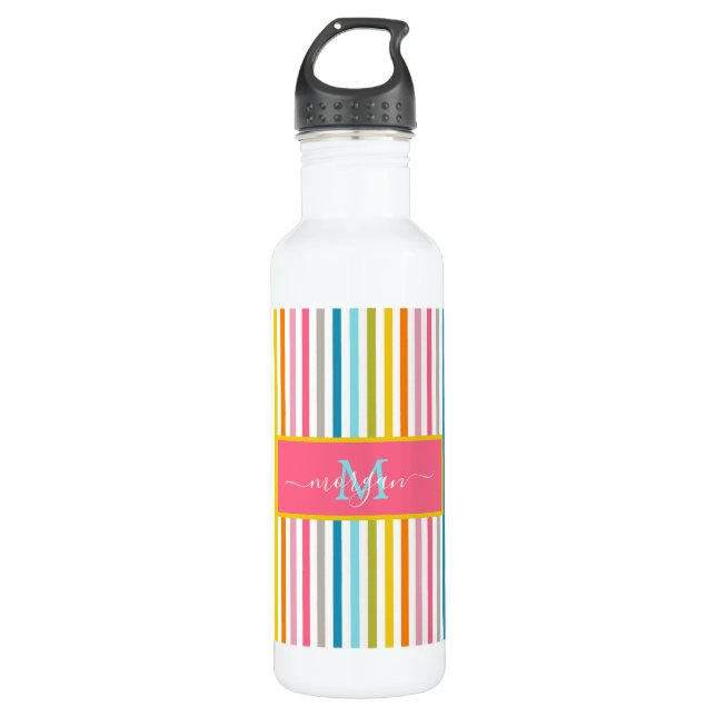 Summer Rainbow Strips Monogram Script Edelstahlflasche (Vorderseite)