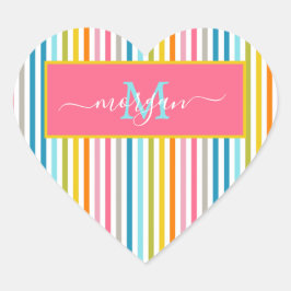 Summer Rainbow Strips Monogram Script Herz-Aufkleber