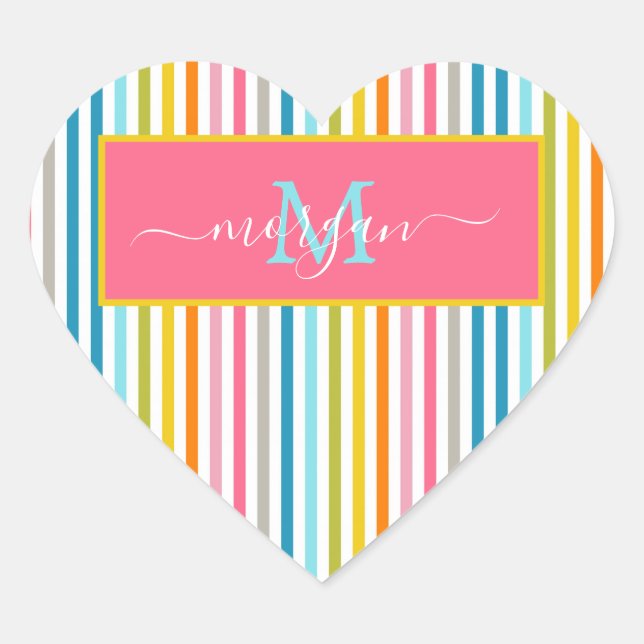 Summer Rainbow Strips Monogram Script Herz-Aufkleber (Vorderseite)