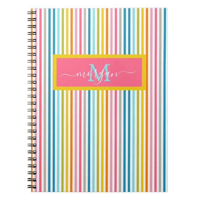 Summer Rainbow Strips Monogram Script Notizblock (Vorderseite)