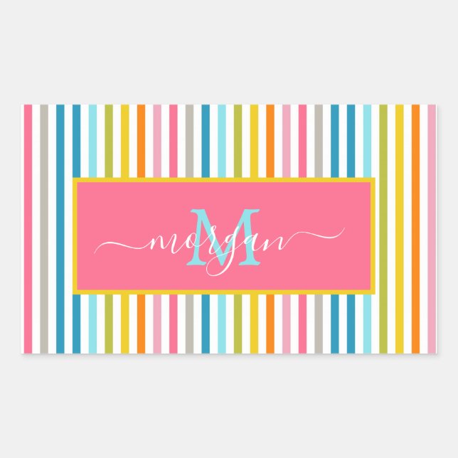 Summer Rainbow Strips Monogram Script Rechteckiger Aufkleber (Vorderseite)