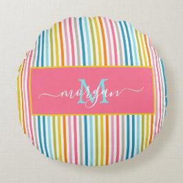 Summer Rainbow Strips Monogram Script Rundes Kissen